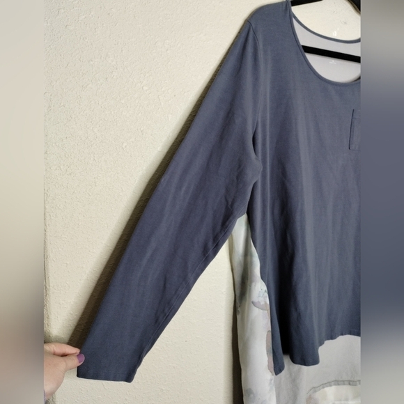 Soft Surroundings Grey Blue Long Sleeve Sheer Back High Low Pocket Tee Size 1X - Picture 4 of 8